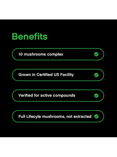 Organic Mushroom Blend | Grown in a Certified US Facility | 10-in-1 Complex 1,200 mg | Lion’s Mane, Chaga, Turkey Tail, Maitake, Shiitake, Reishi  & More | Laboratory Tested | Superior Absorption
