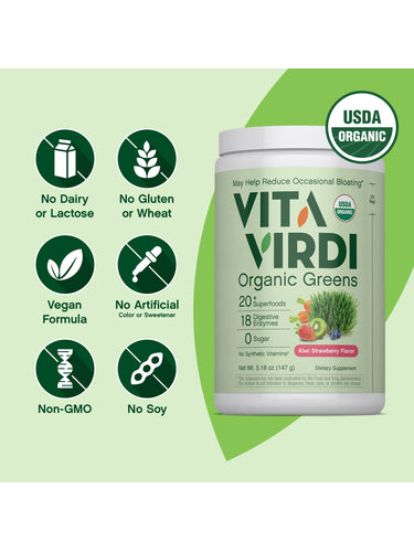 Vita Virdi Organic Greens | 20+ Superfoods & 18 Digestive Enzymes | 0g Sugar | Kiwi Strawberry | USDA Organic, Non-GMO, Vegan | Daily Wellness & Nutrition Supplement
