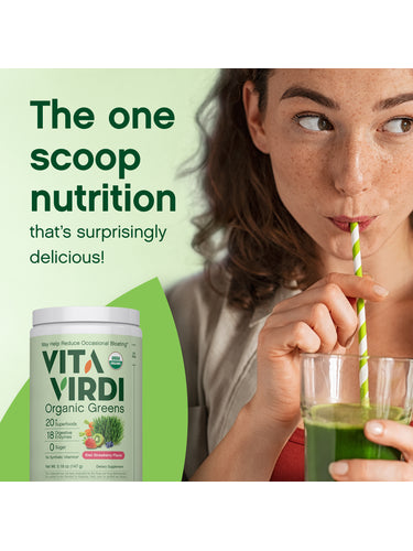 Vita Virdi Organic Greens | 20+ Superfoods & 18 Digestive Enzymes | 0g Sugar | Kiwi Strawberry | USDA Organic, Non-GMO, Vegan | Daily Wellness & Nutrition Supplement