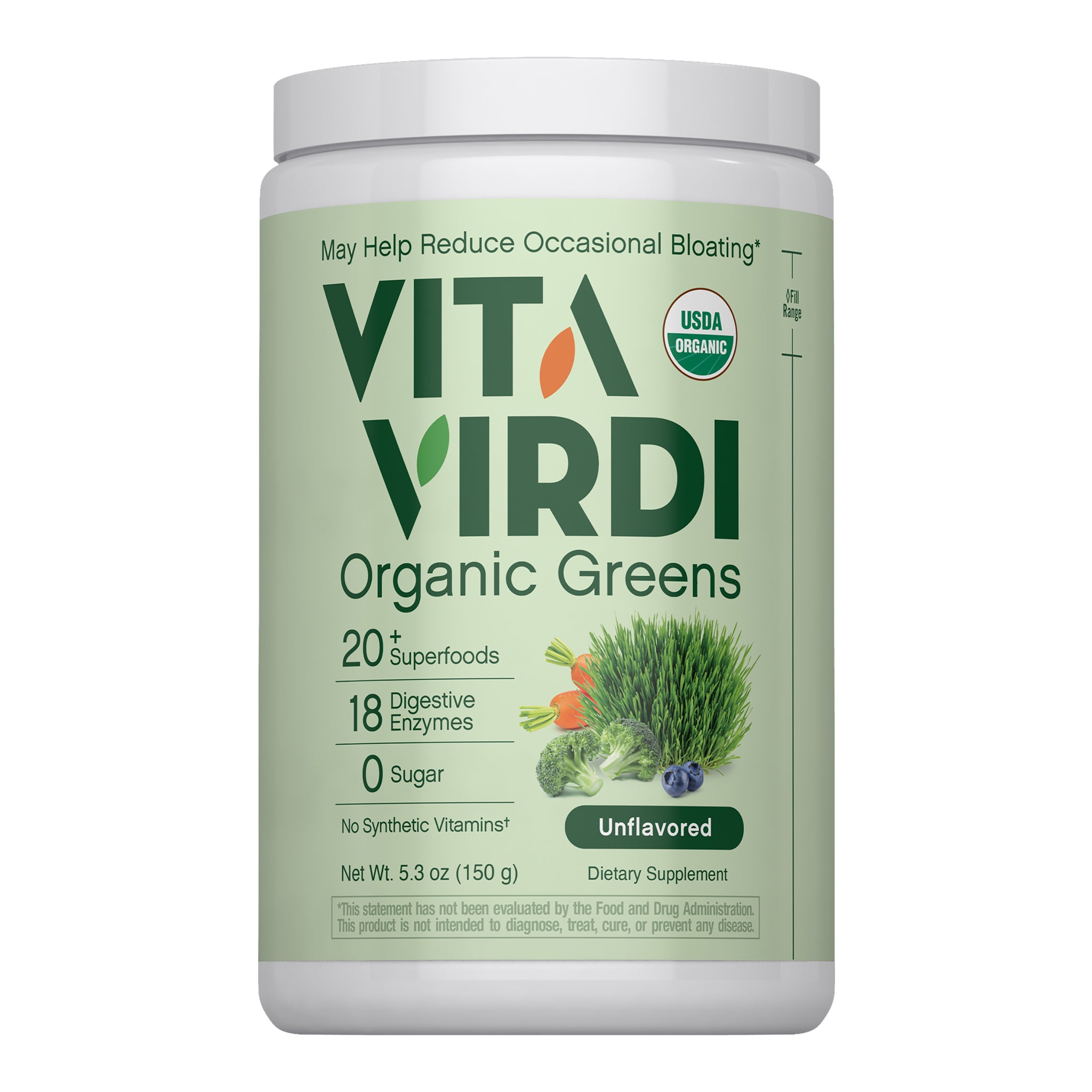 Vita Virdi Organic Greens | 20+ Superfoods & 18 Digestive Enzymes | 0g Sugar | Unflavored | USDA Organic, Non-GMO, Vegan | Daily Wellness & Nutrition Supplement