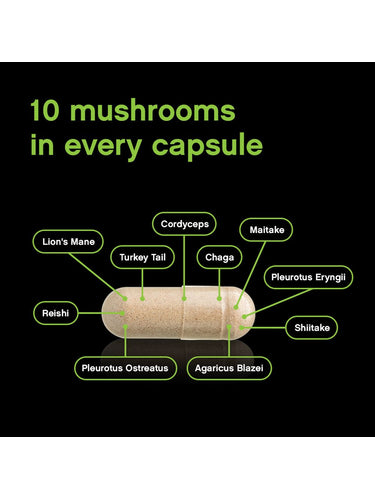 Organic Mushroom Blend | Grown in a Certified US Facility | 10-in-1 Complex 1,200 mg | Lion’s Mane, Chaga, Turkey Tail, Maitake, Shiitake, Reishi  & More | Laboratory Tested | Superior Absorption